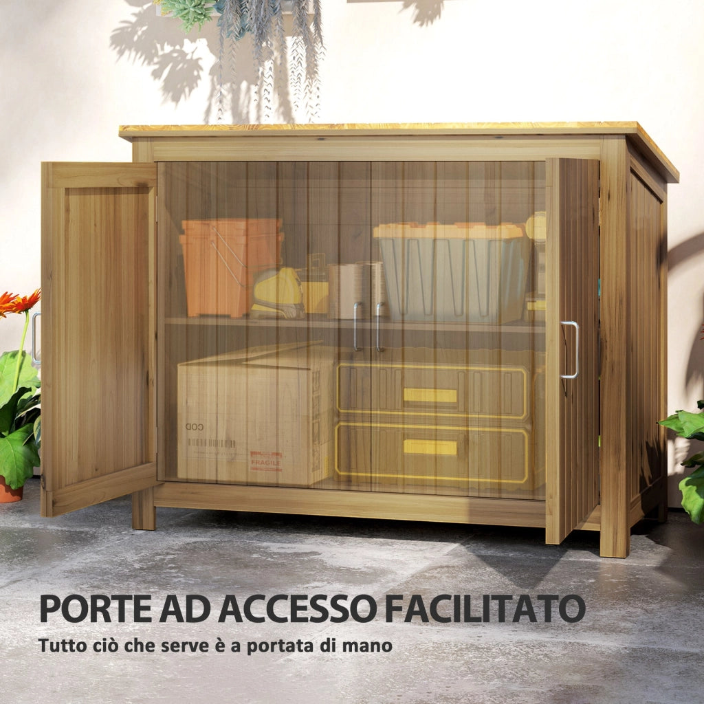 Armadio Porta Attrezzi da Esterno 110x50x85 cm con 2 Ante e Ripiani in Legno