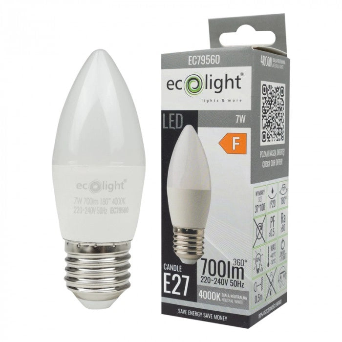 Lampadina LED candela E27 7W 4000K 630lm Ecolight