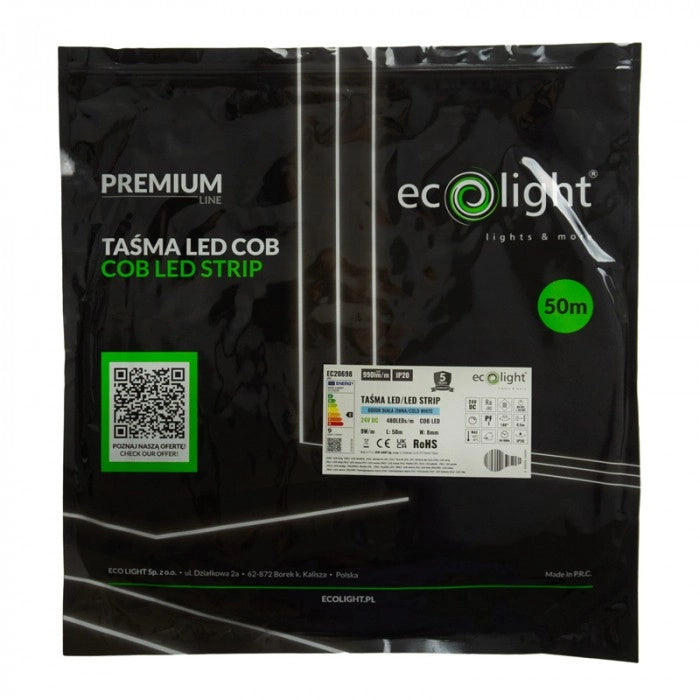 Striscia LED COB 480LED/m 24V 9W/m 6000K IP20 50m Ecolight