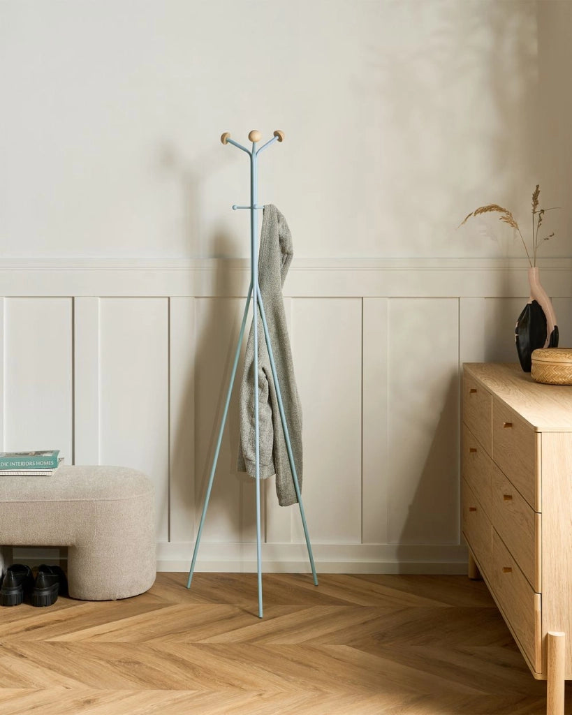 Appendiabiti in acciaio blu chiaro, 176 cm, appendiabiti da terra con dettagli in legno e 6 ganci, moderno per ingresso