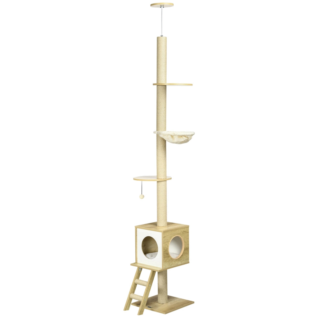 Albero tiragraffi per gatti con due piattaforme e amaca ¨C zephmum ¨C marrone chiaro+beige 40x40x260 cm
