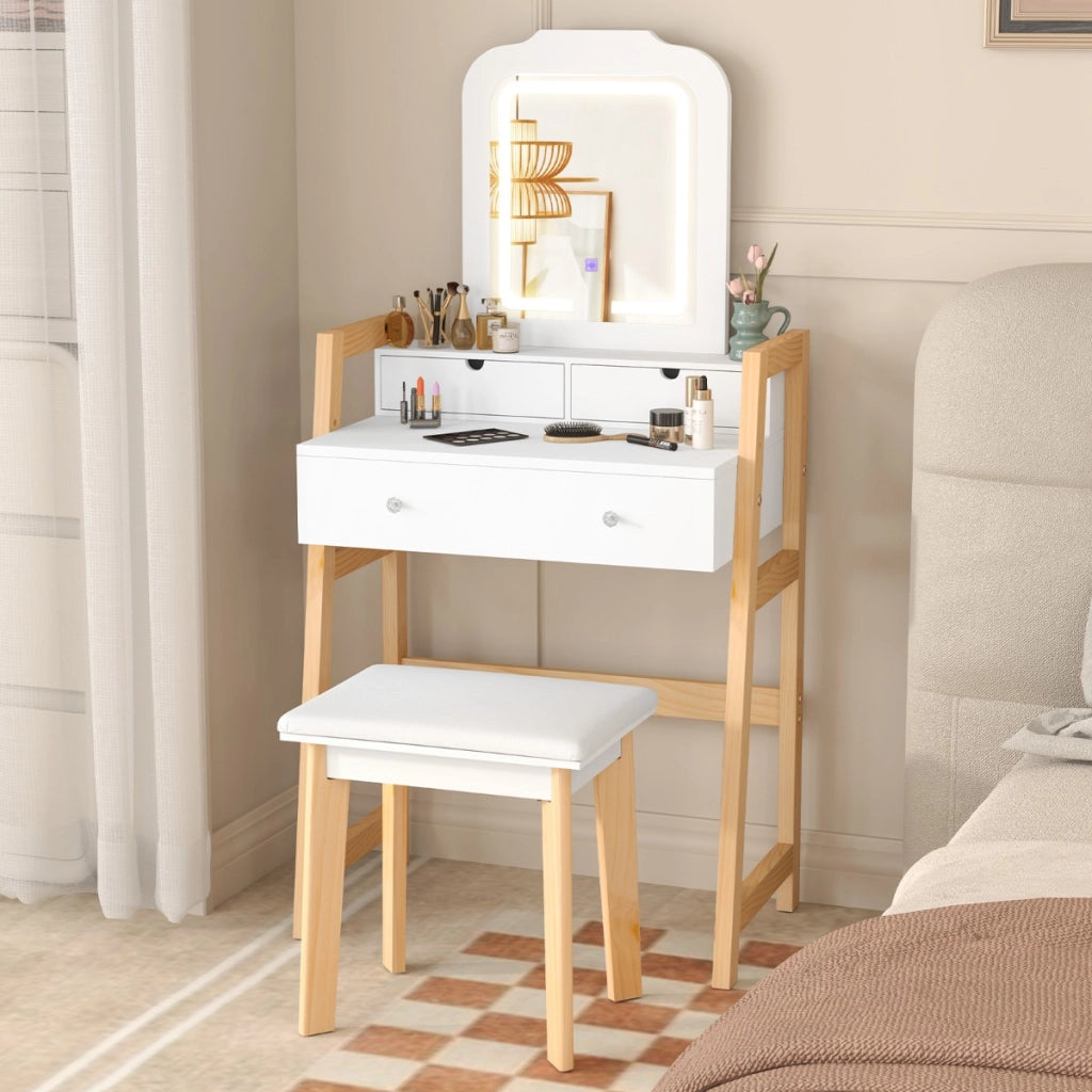 Tavolo da trucco con luci LED a 3 colori gambe in legno di pino e altezza regolabile, Set da toeletta con specchio illuminato Bianco-Tavoli da trucco