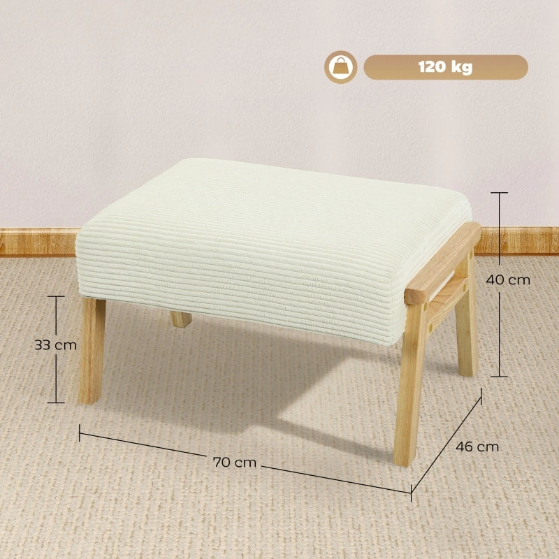 Pouf contenitore imbottito in velluto a coste, seduta in schiuma, gambe in legno di caucciù, crema