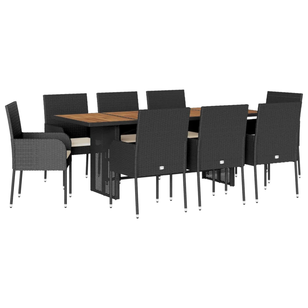 Set da Pranzo da Giardino 9 pz con Cuscini Nero in Polyrattan