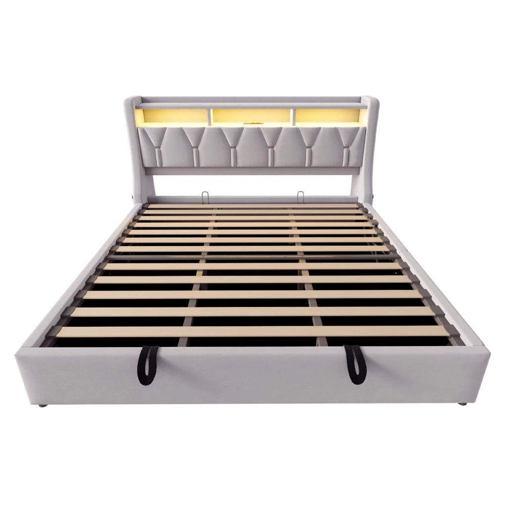 Letto contenitore imbottito 180x200 cm con LED, prese e testiera con vano