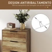Cassettiera 4 Cassetti Antiribaltamento con Maniglie Nere, in Legno e Metallo, 62x35x105 cm, Marrone Chiaro