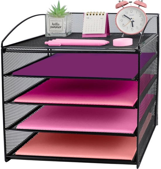 Organizzatore per ufficio 5 cassetti in metallo, contenitore per documenti, raccoglitore per documenti A4, cassetti per posta, raccoglitori per carta, ripiano per riviste per ufficio e scuola (nero)