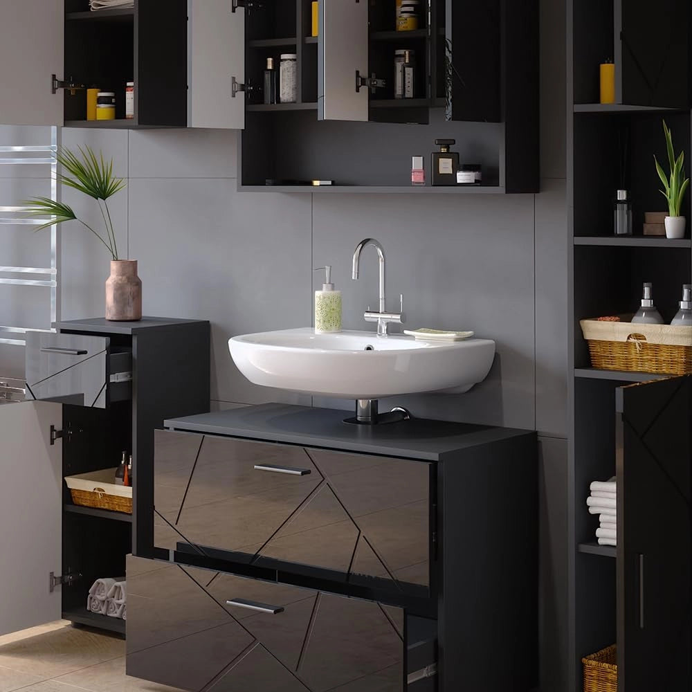 Set mobili bagno Irma, Antracite lucido, 80 cm, composto da mobile sottolavabo, specchiera, colonna, base media e pensile