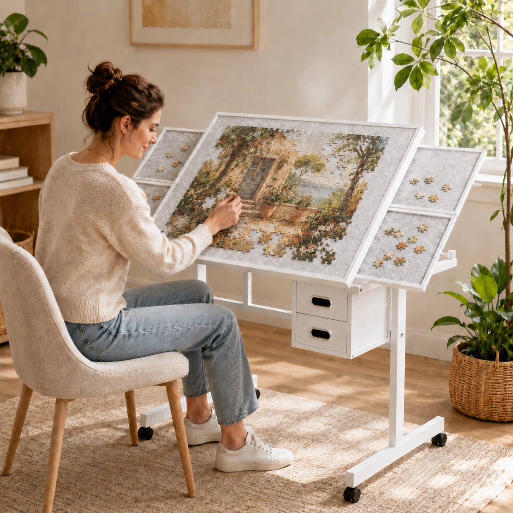 Scrivania dritta con piano coperto e 4 cassetti in feltro, ruote bloccabili, per hobby, MDF e metallo, bianca