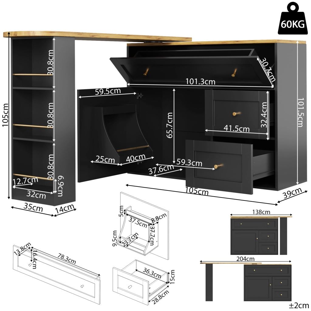 Tavolo da Pranzo Allungabile con Contenitore; 2 Cassetti a Ribalta e Piano Girevole; in MDF e Metallo; 138x39x105 cm; Nero