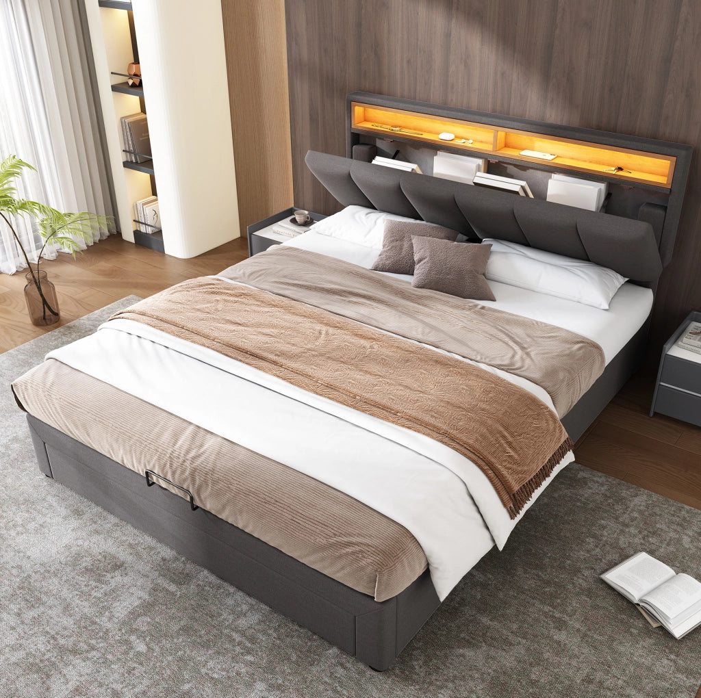 Letto imbottito 140x200 cm grigio con LED e vano contenitore