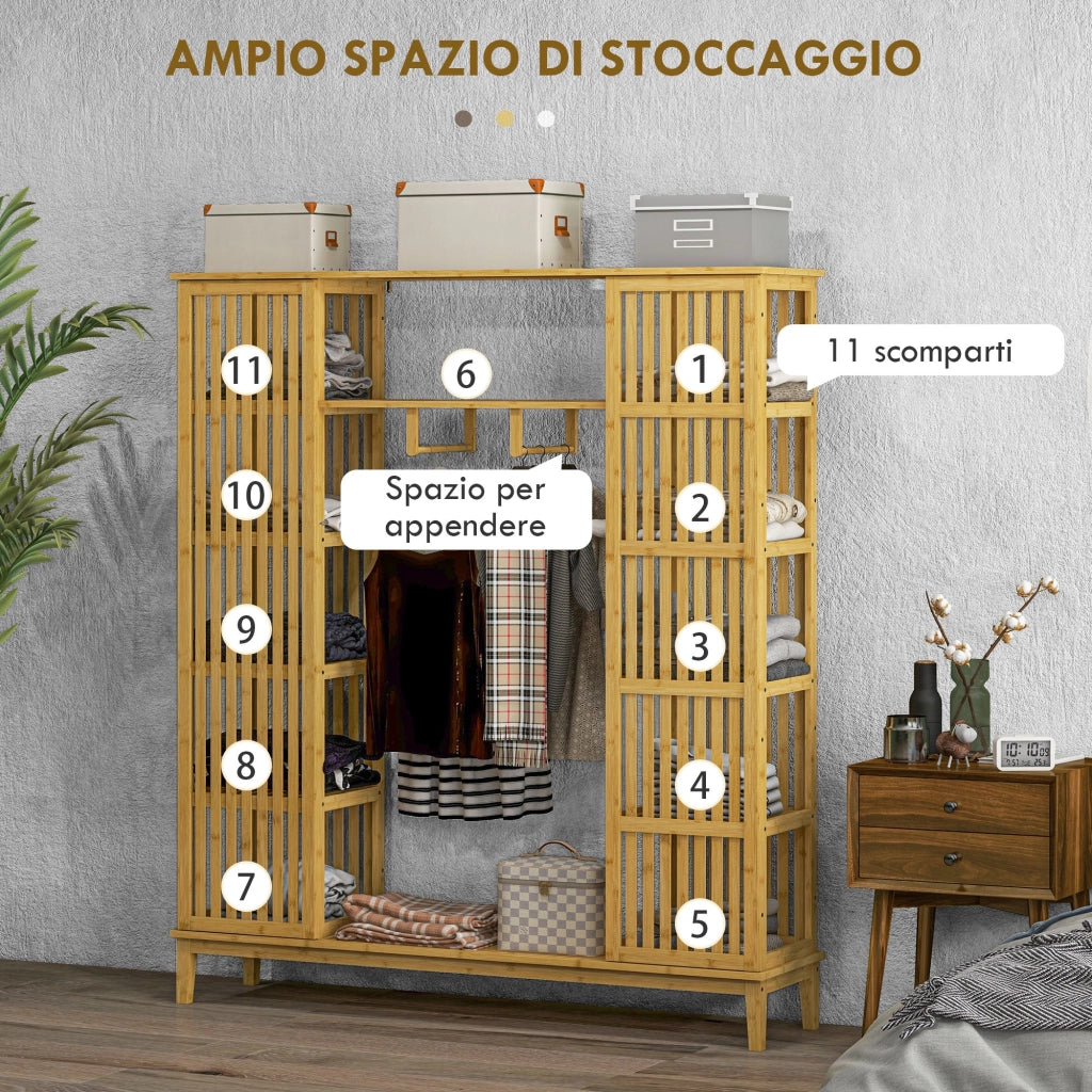 Armadio Aperto 2 Ante Scorrevoli Appendiabiti e Ripiani 145x35x165 cm in Bambù