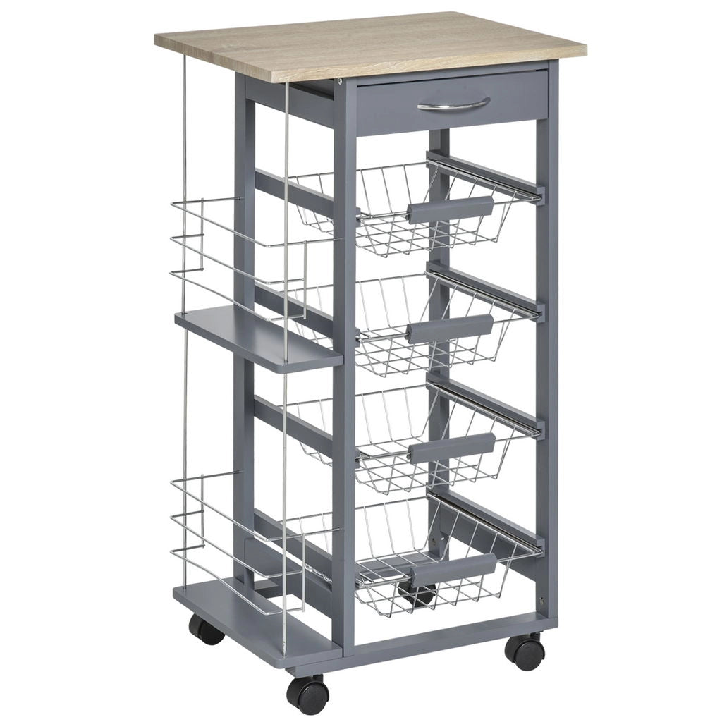 CARRELLO DA CUCINA CON CASSETTO E 4 CESTELLI METALLICI 47X37X83 CM GRIGIO SCURO