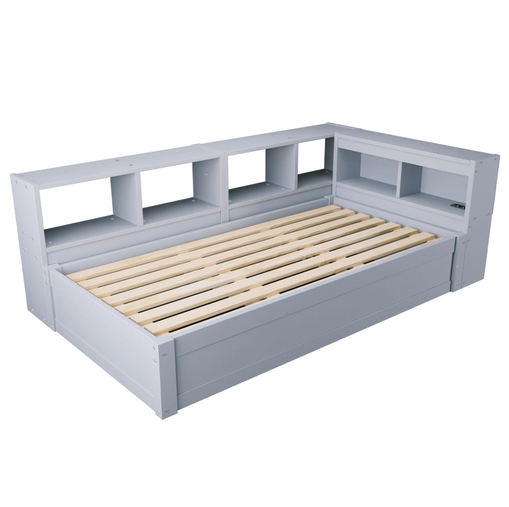 Letto multifunzione 90x200 cm con presa; contenitori e LED grigio
