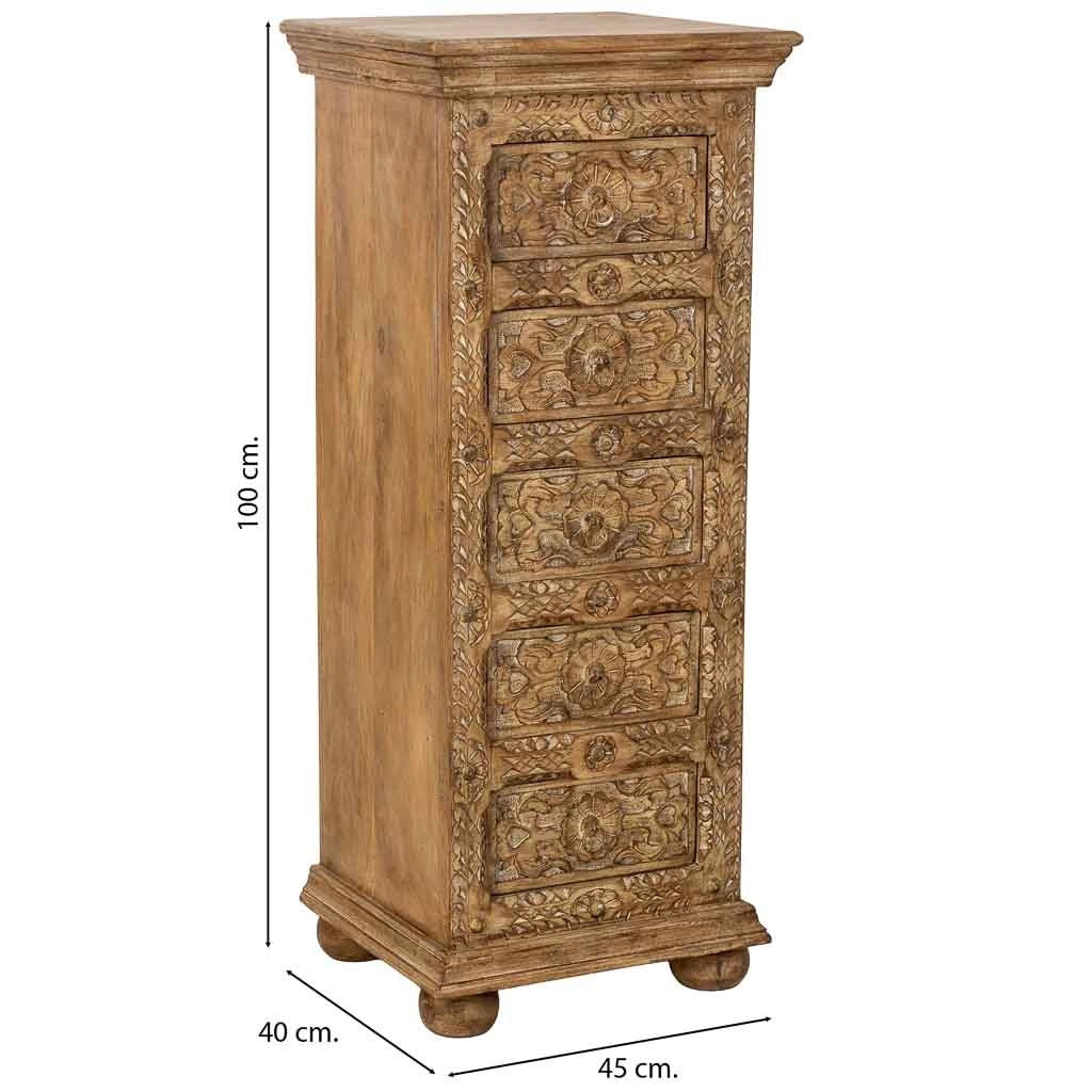 Sinfonier de madera artesanal con 5 cajones marrón 45x40x100h cm