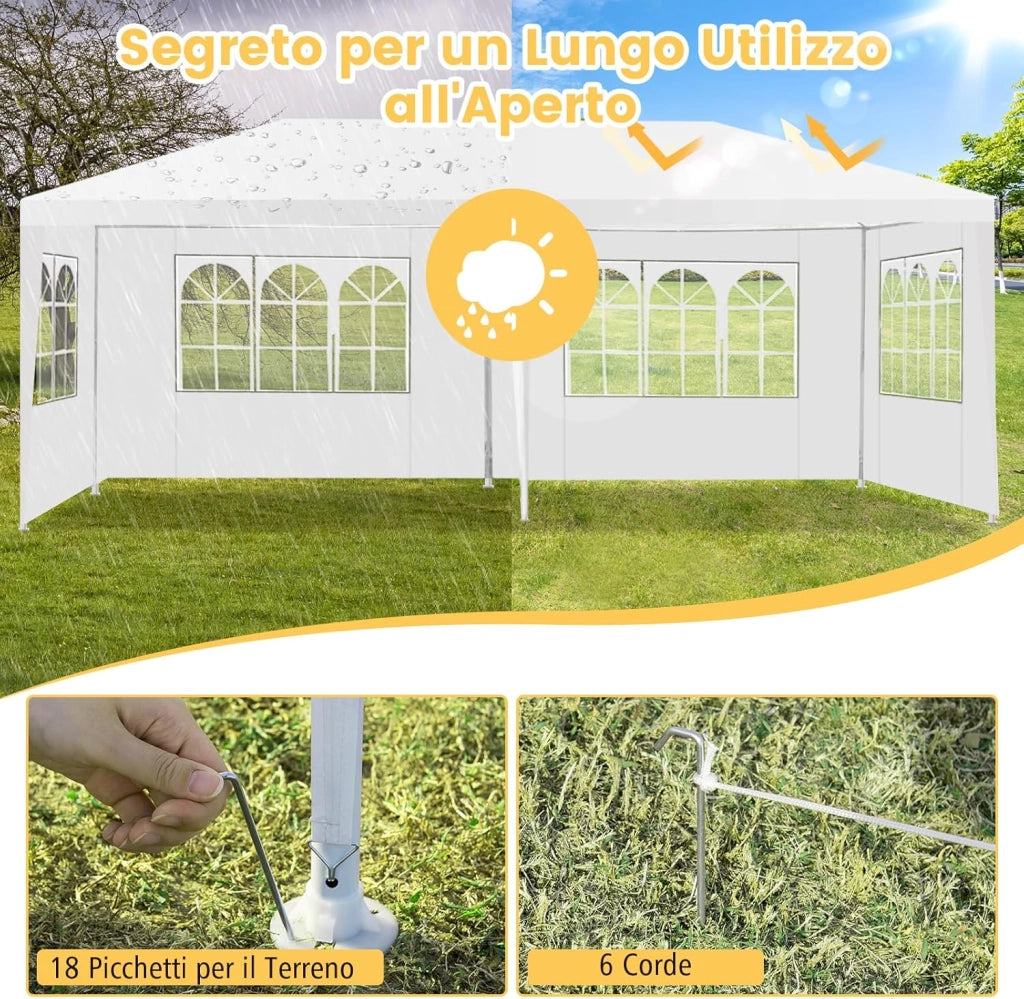 Gazebo da Giardino 6 x 3 m, Tendone per Feste con 4 Pareti Rimovibili, con Borsa di Trasporto, Impermeabile Protezione UV, per Matrimonio Eventi e Barbecue
