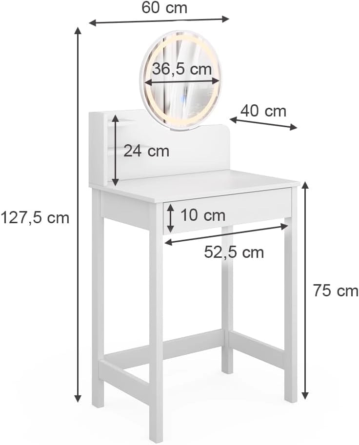 Tavolo da toeletta Surrey, Bianco, 60 cm con specchio a LED, con illuminazione a LED e compatibile con i mobili Surrey