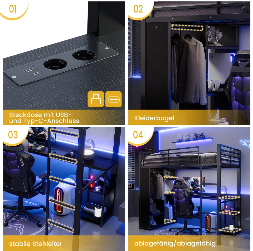 Letto a soppalco 90x200 cm in metallo e MDF nero con scrivania; LED e scaffali