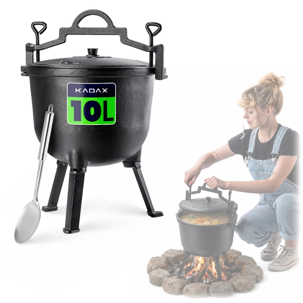 Bollitore da caccia in ghisa KADAX da 10 litri per arrosti da campeggio + cucchiaio in omaggio