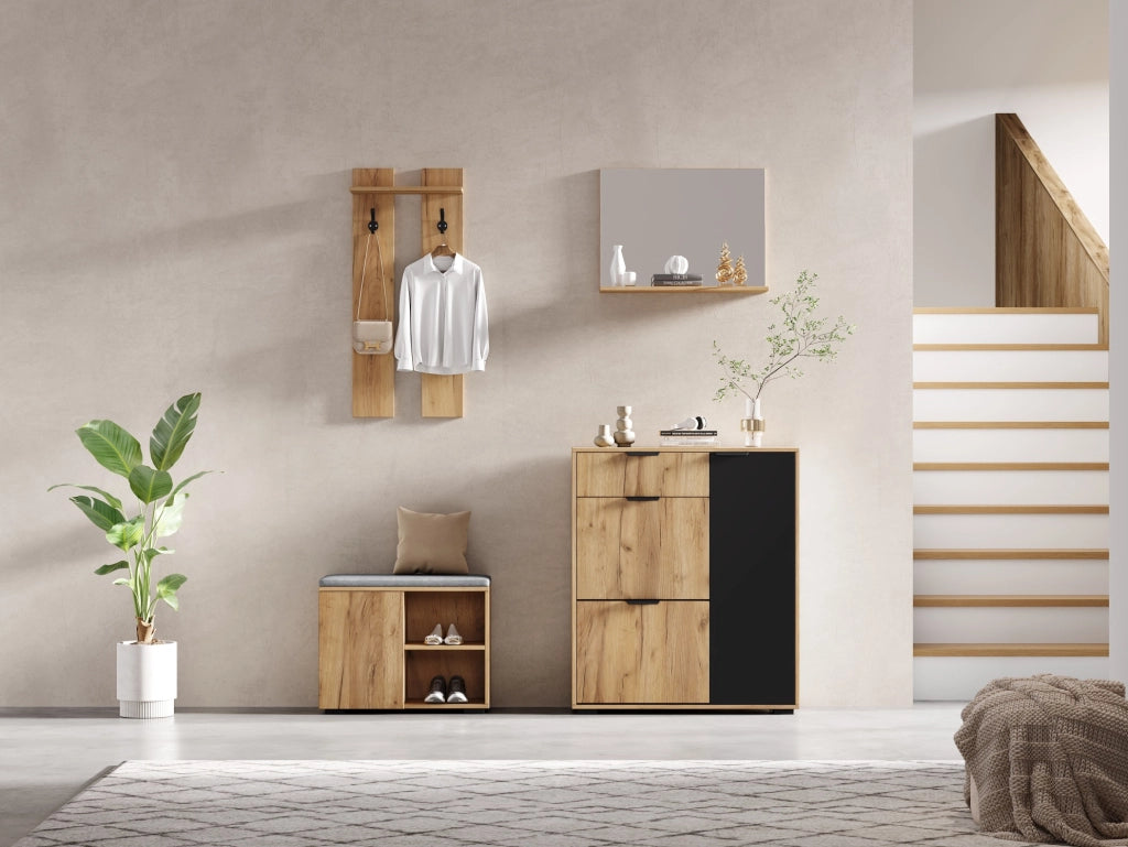 Set guardaroba da ingresso con panca scarpiera; specchio e appendiabiti 140x35x139 cm in truciolare naturale e nero