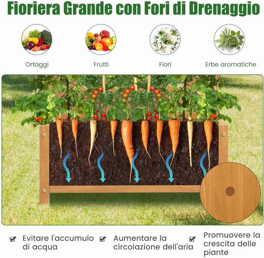 Fioriera da Esterno con Grigliato, Letto Rialzato in Legno con Traliccio e Fori di Drenaggio, Aiuola Rialzata per Piante Rampicanti e Fiori, 90 x 44,5 x 180,5 cm (Arancione)