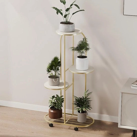 Standarizzazione per piante 5 livelli, supporto per fiori, trappola per piante metallica, piatto per angoli fiori, piatto per piante, per interni e esterni, con ruote per più trappole per fiori per balcone, giardino, soggiorno, dorato