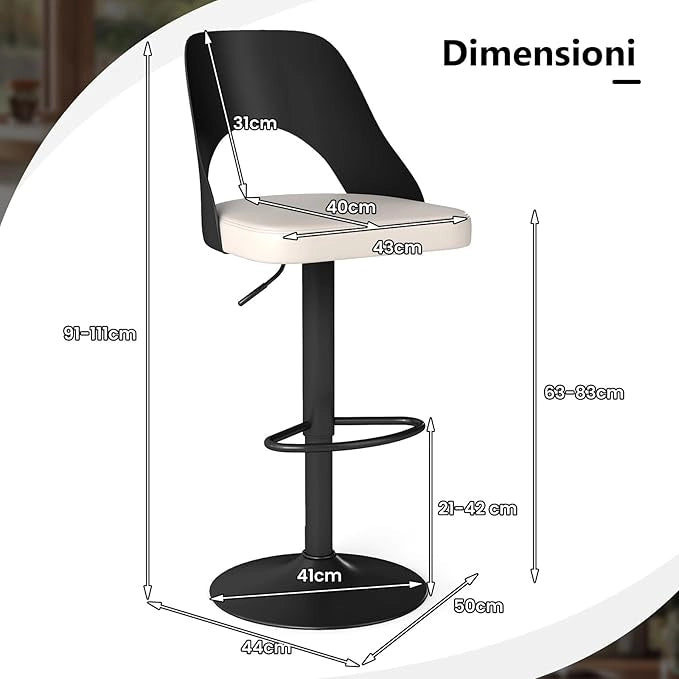 2 Sgabelli Girevoli da Bar Alta 91-111 cm, Set di Sgabelli con Seduta in Ecopelle, Poggiapiedi e Struttura in Metallo, Sedie per Cucina e Bistrò (Nero)