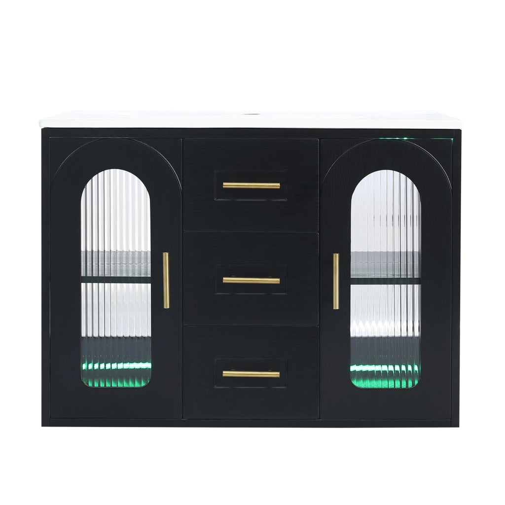 Mobile bagno sospeso 76 cm con lavabo; 2 cassetti; vetro rigato; LED; nero