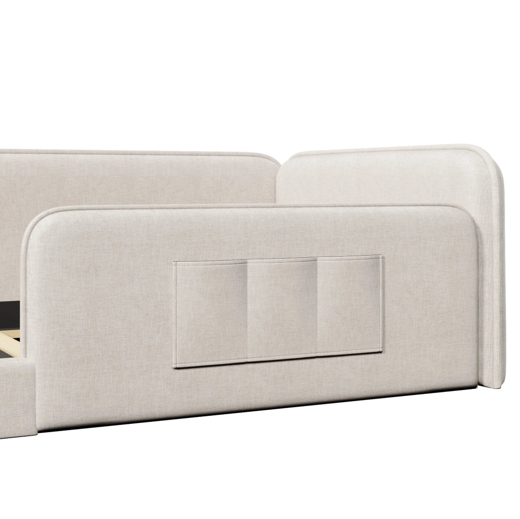 Letto a piattaforma 90x200 cm con rivestimento in lino beige e bordo imbottito di sicurezza