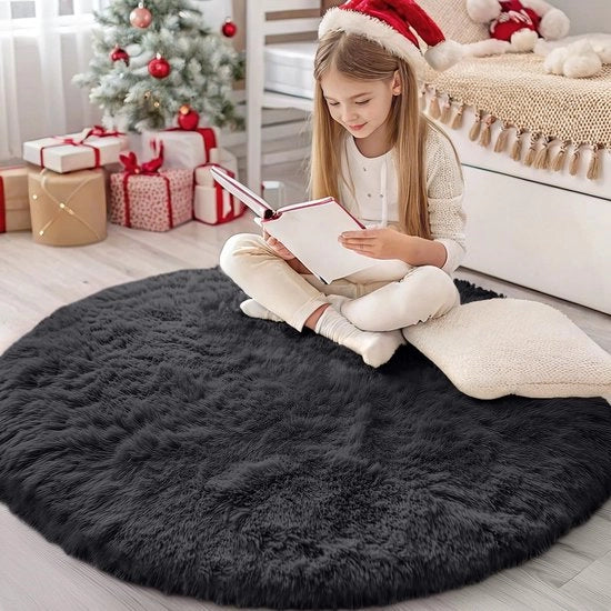 Tappeto Fluffycare con Base Antiscivolo Lavabile per Soggiorno, Camera da Bambini, Camera da Letto - 120 cm Circolare, Nero