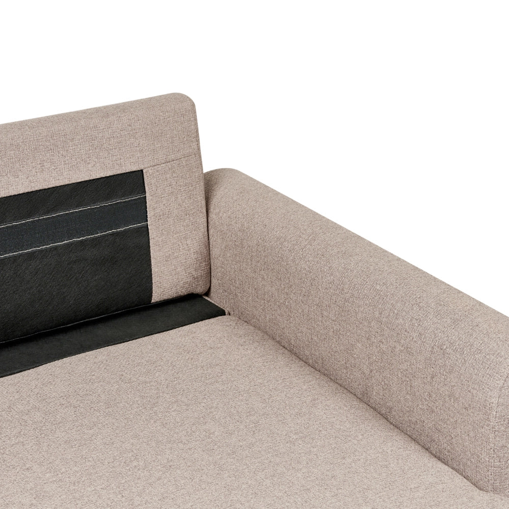 Divano letto angolare con contenitore lato sinistro marrone chiaro rivestimento in poliestere effetto lino contenitore cuscini design moderno