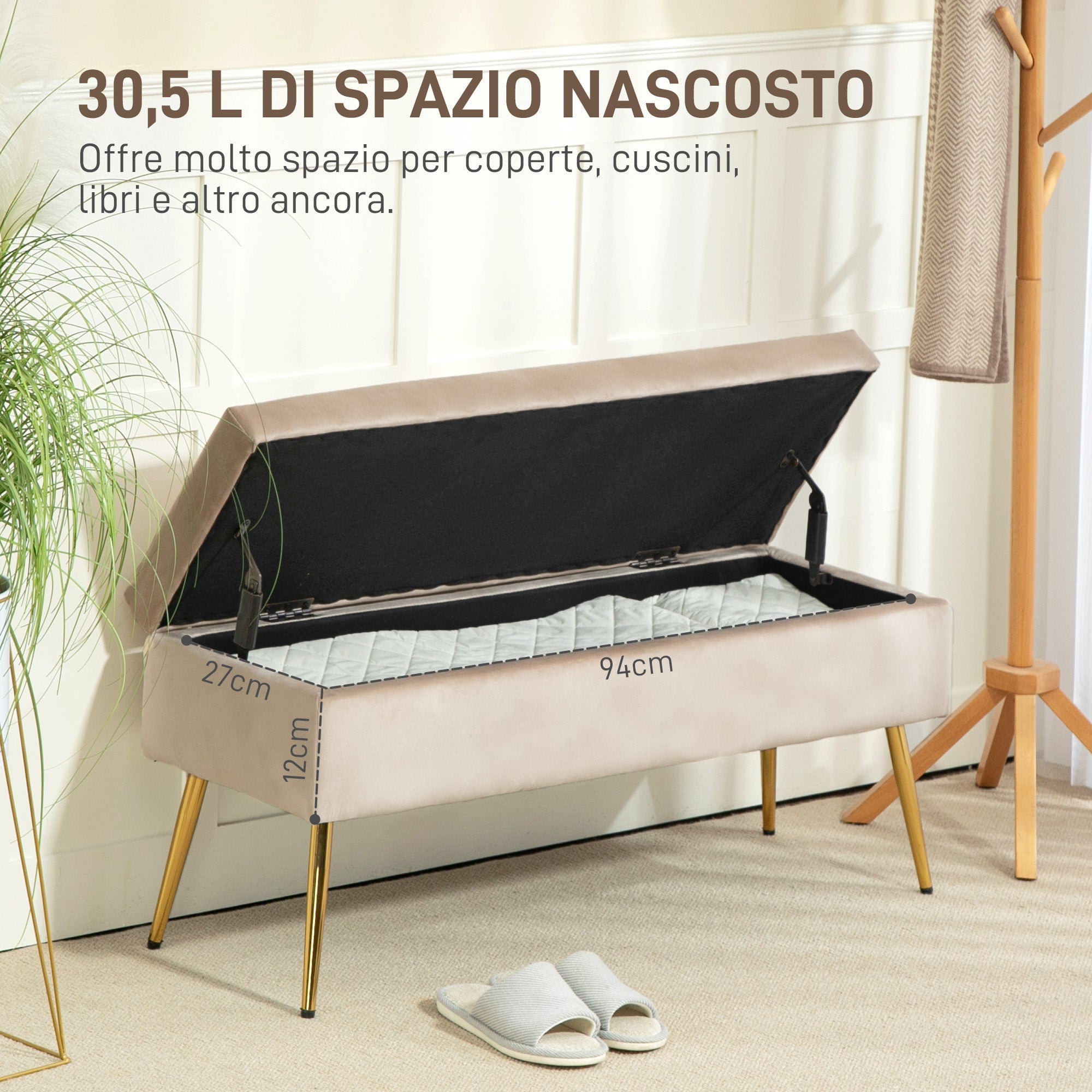 Panca Fondo Letto Imbottita da 30,5L 102x35x43 cm in Tessuto Effetto Velluto Beige