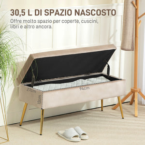 Panca Fondo Letto Imbottita da 30,5L 102x35x43 cm in Tessuto Effetto Velluto Beige