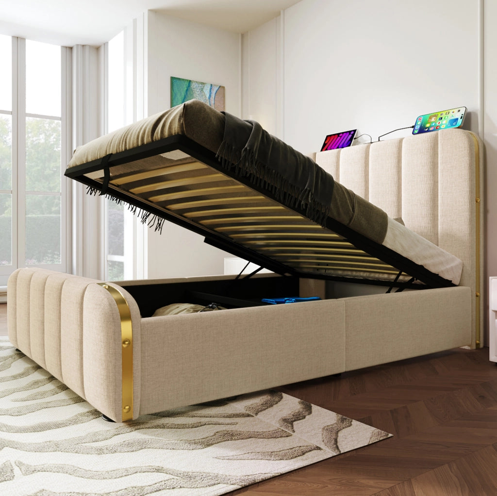 Letto singolo 90x200 cm con contenitore idraulico e USB-C beige