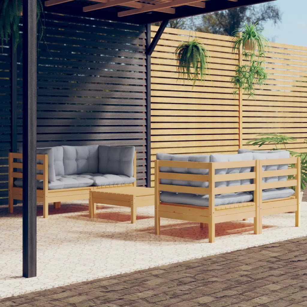 Set Divani da Giardino 5 pz con Cuscini Grigi Massello di Pino cod mxl 38624