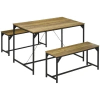 Set Tavolo da Pranzo e 2 Panche, Struttura in Acciaio, 4 Persone, per Cucina, Sala da Pranzo, Salotto, Naturale e Nero