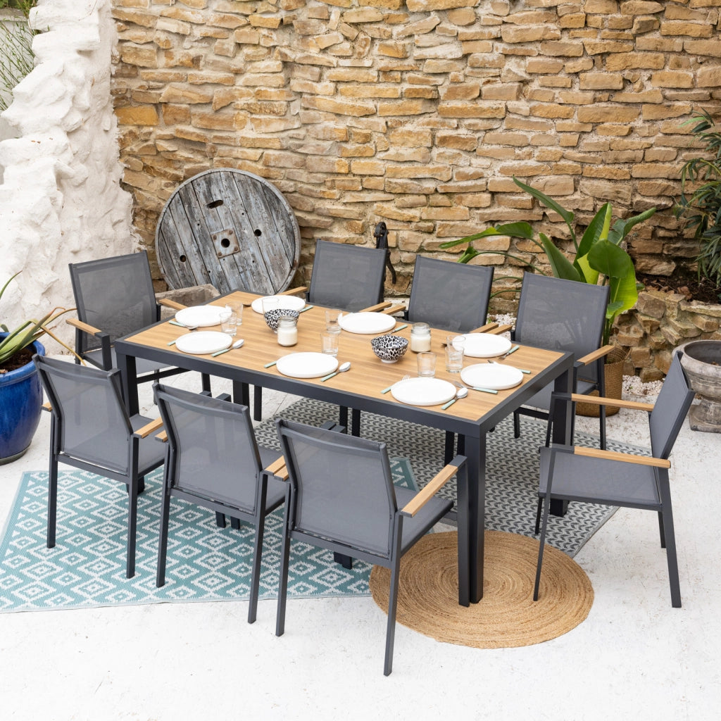Set di mobili da giardino PALERMO in textilene grigio con 8 posti a sedere - alluminio antracite ed effetto legno