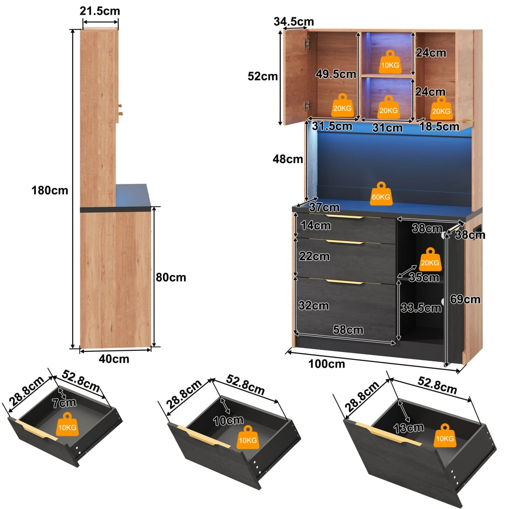 Mobile colonna cucina moderno con LED regolabili, prese UE e piano nero