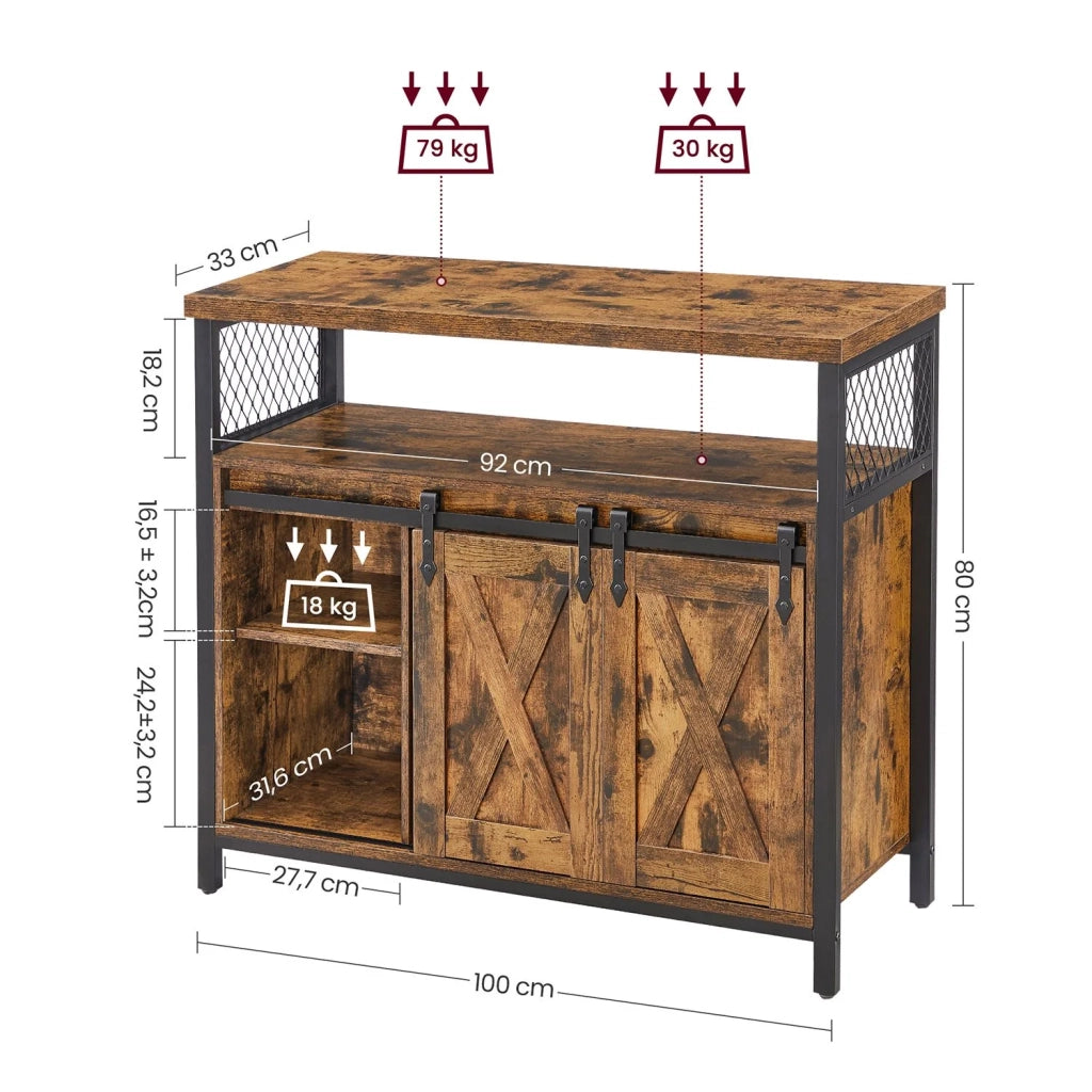 Credenza per sala da pranzo credenza da cucina mobile contenitore mobile con ante scorrevoli ripiano regolabile stile industriale per soggiorno 100 x 33 x 80 cm marrone rustico e nero 12_0004529