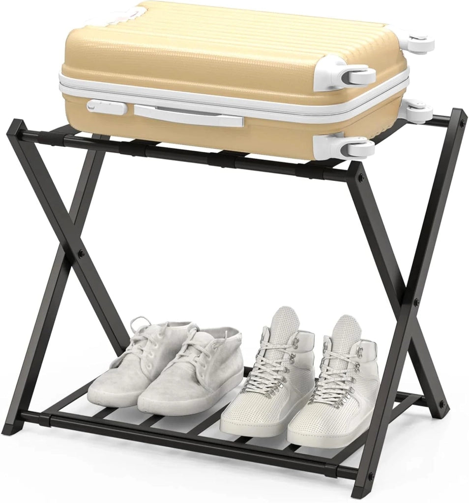2 Pz di Portavaligia Pieghevole, Portata 70 kg, a 2 Ripiani, con Scarpiera, Struttura in Ferro, Multiuso Salvaspazio, Ideale per Viaggio e Hotel, 63,5x44x67 cm, 2 Colori (Nero)