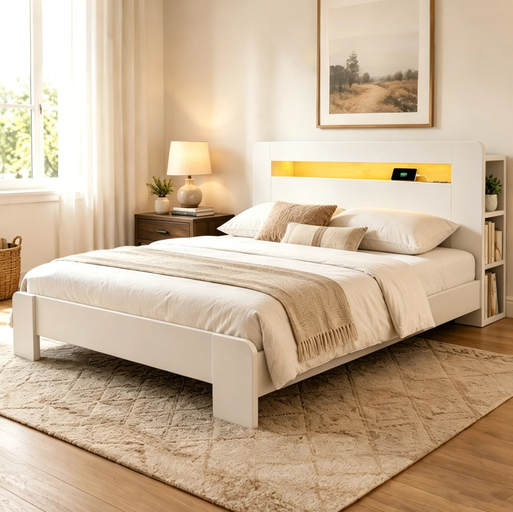 Letto 140x200 cm con contenitore e LED in legno bianco