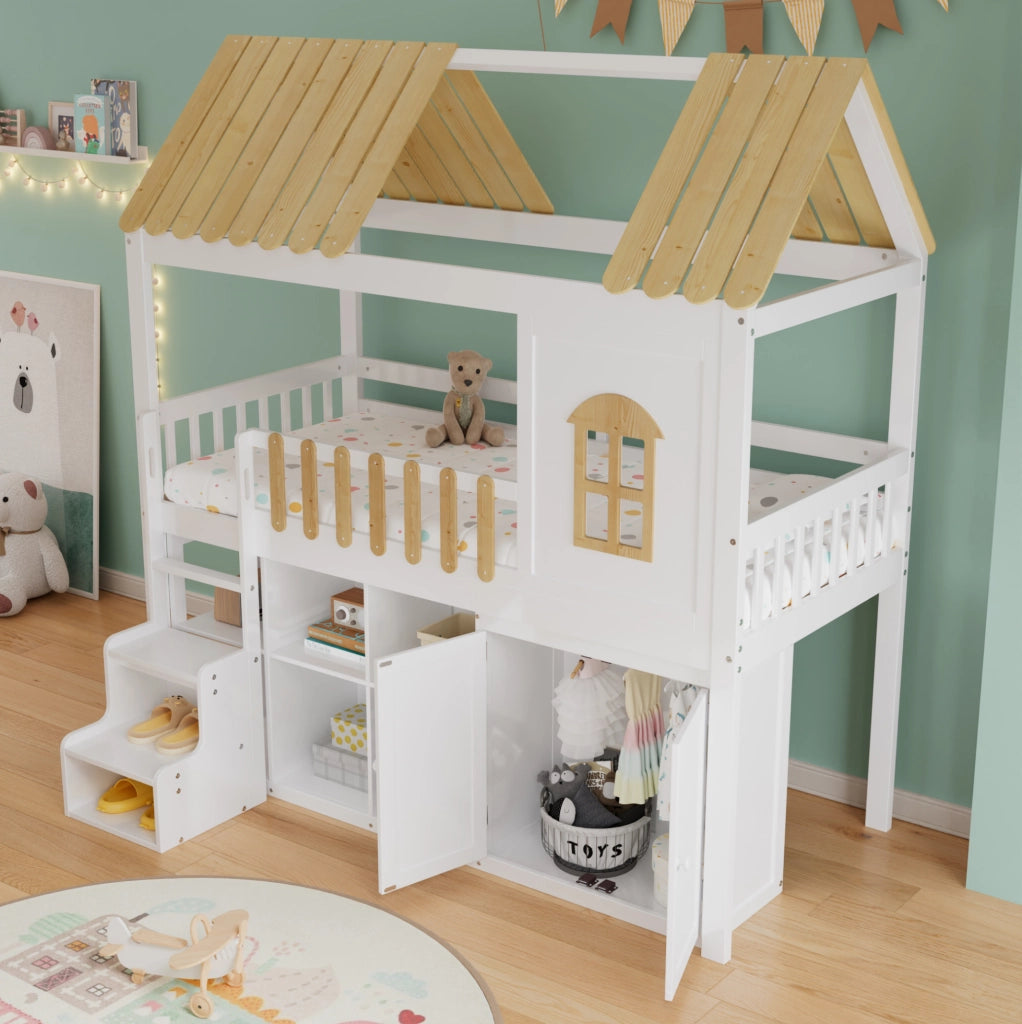 Letto a castello 90x200 cm con armadio, scala contenitore e design a casetta