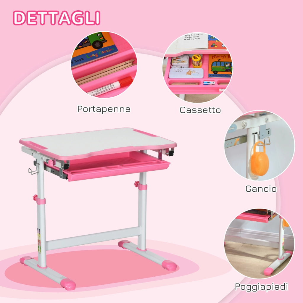 Scrivania Bambini con Sedia Regolabile ¨C zephmum ¨C 66x47x52-77 cm, Rosa