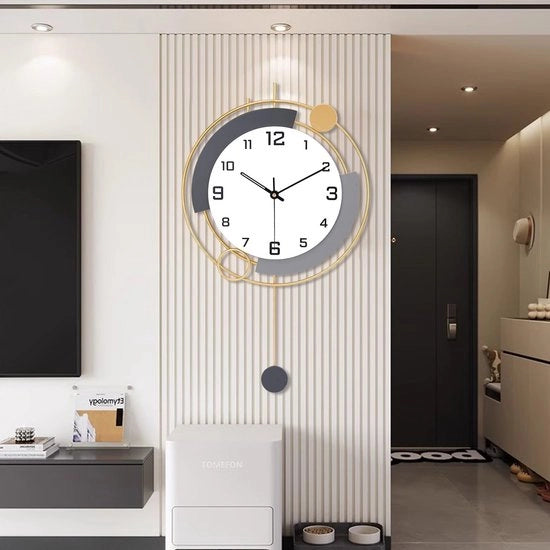 Oro Decorativa Moderna Orologio da Parete con Pendolo, Qualità di Silenzio Orologio da Parete a Batterie Quartz, Grande Orologio da Parete per Salotto, Cucina, Casa, Bagno, Camera da Letto Decorazione da Parete, 33 x 53 cm
