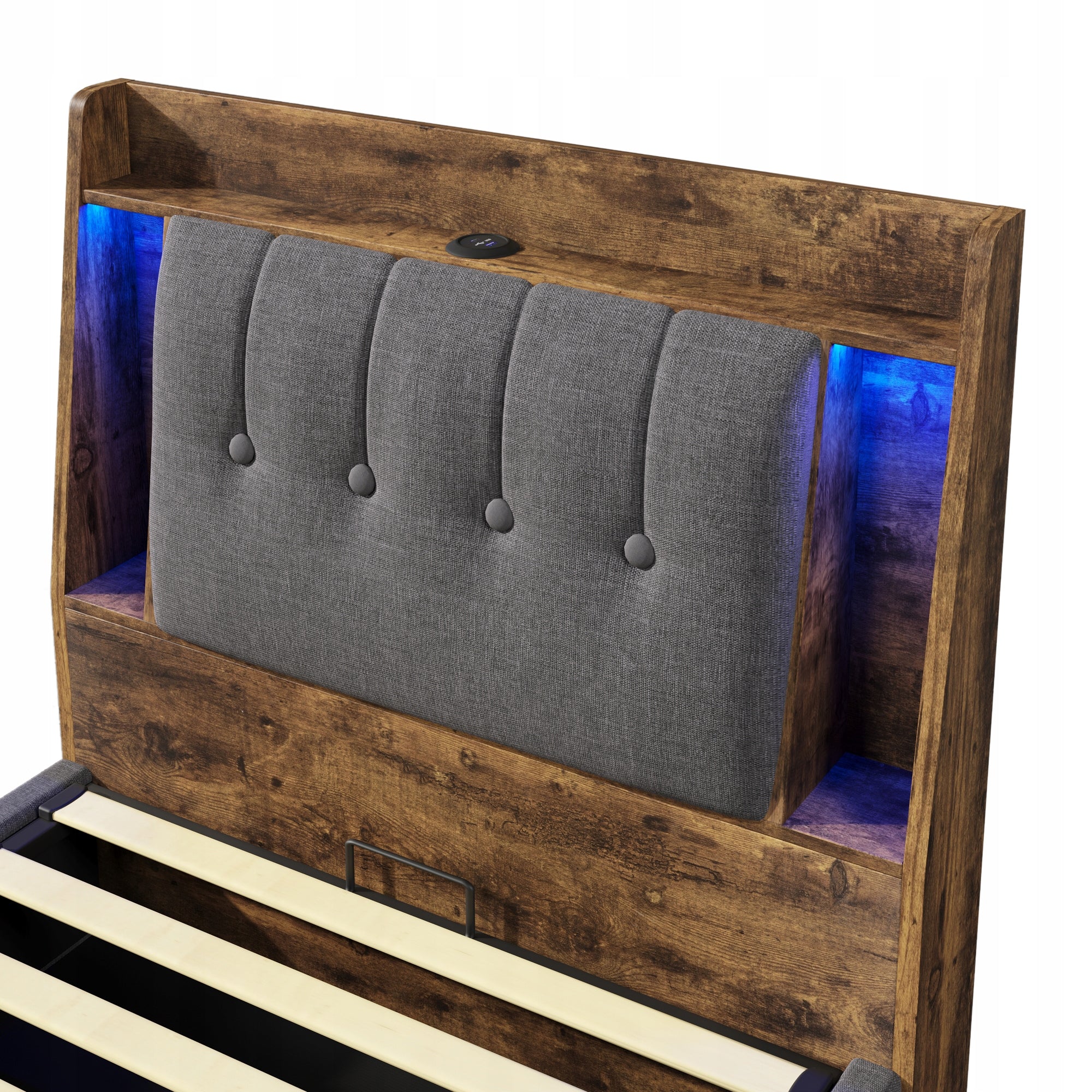 Letto imbottito 90x200 - Xylo - Grigio, struttura sollevabile, USB-C