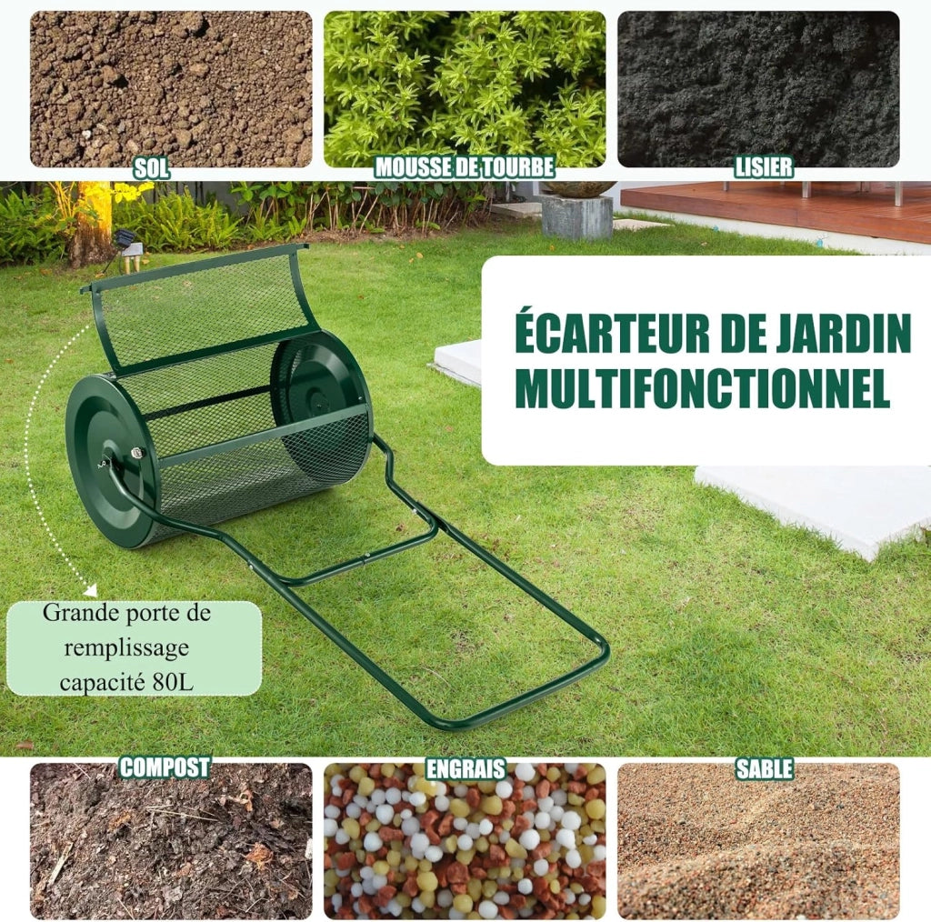 Rullo Spargiconcime Prato da 80L, Spargiconcime a Rullo Ø39 x 68 cm con Manico e Cestello in Rete Metallica, Spargiterriccio da Giardino per Concimazione e Semina (Verde)