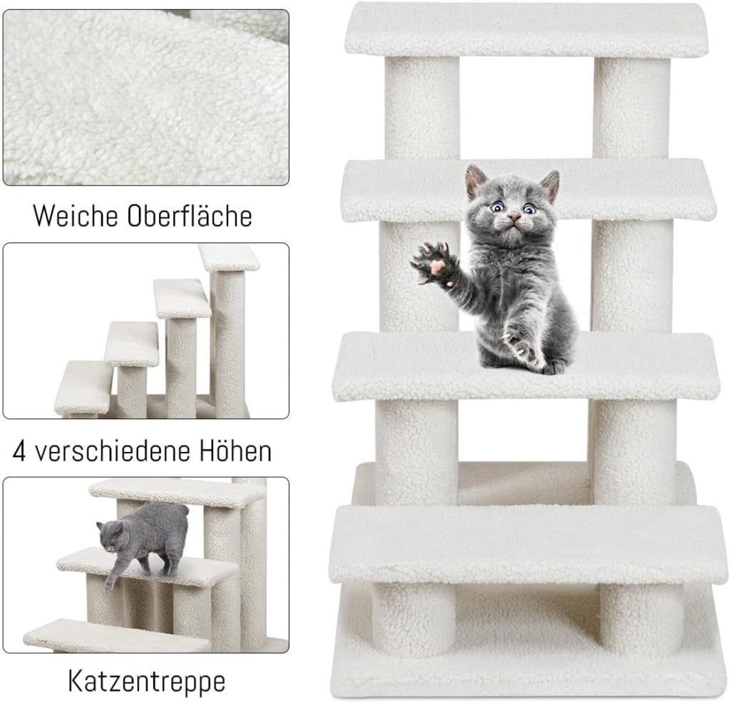 Scala per gatti a 4 livelli, scala per gatti fino a 25 kg, scala per cani, albero da arrampicata per gatti, 61 x 41 x 60 cm (bianco)