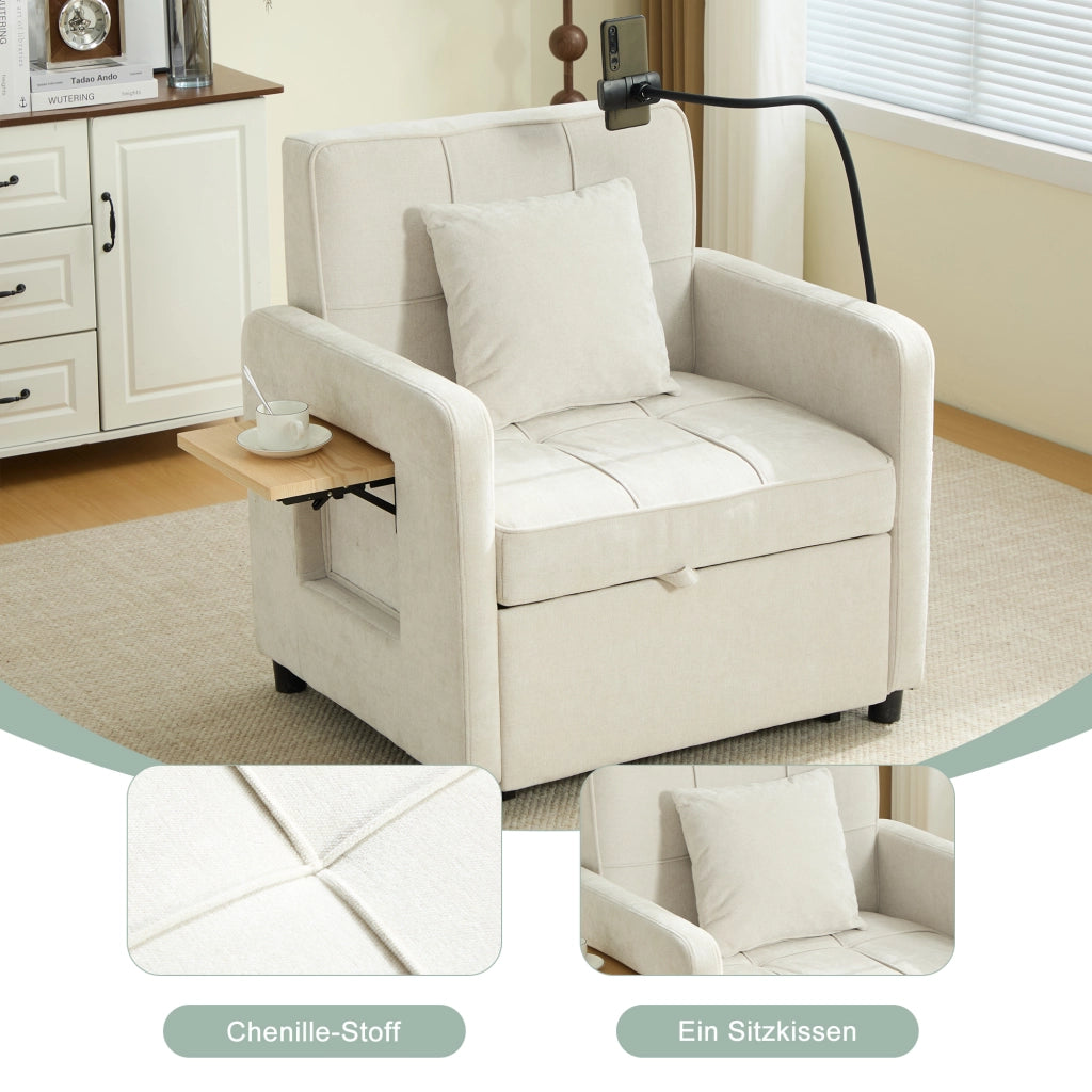 Poltrona letto convertibile con schienale regolabile e tasche laterali in chenille beige