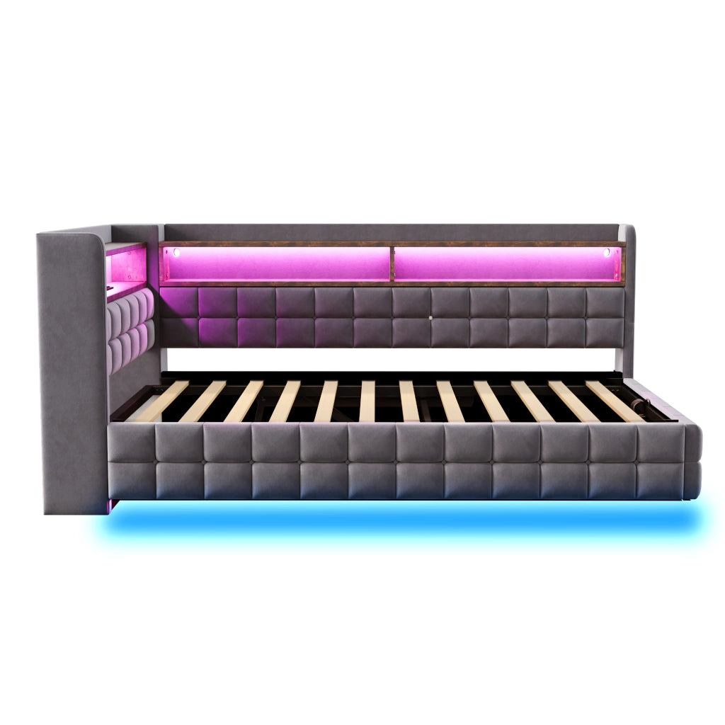 Letto contenitore singolo 90×200 cm con USB; Type-C; LED e ripiani; senza materasso; velluto; grigio