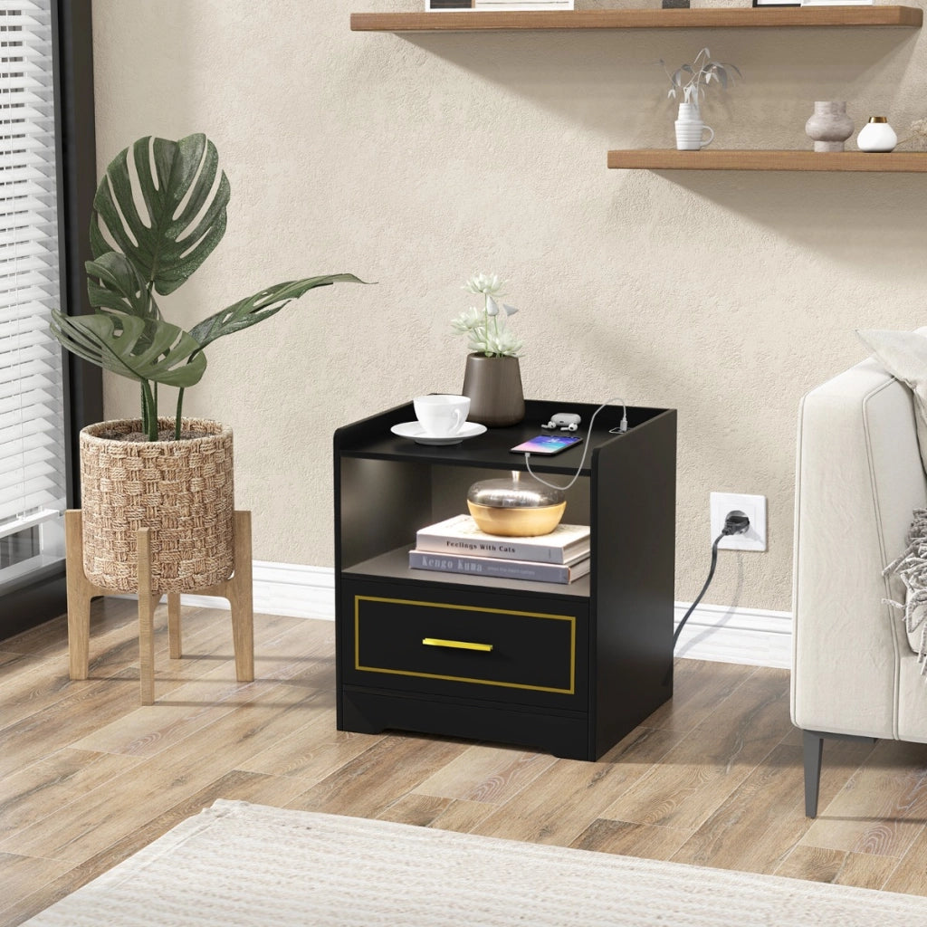 Comodino a LED con 2 porte USB ripiano aperto e cassetto, Tavolino vintage da divano Nero-Comodini